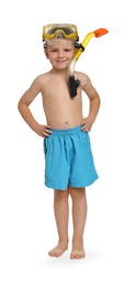 Photo of Cute little boy in beachwear with snorkeling equipment on white background