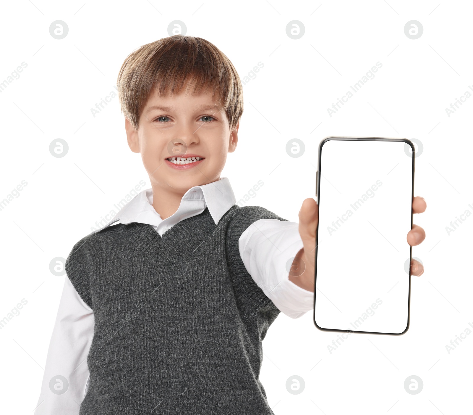 Photo of Little boy with smartphone on white background