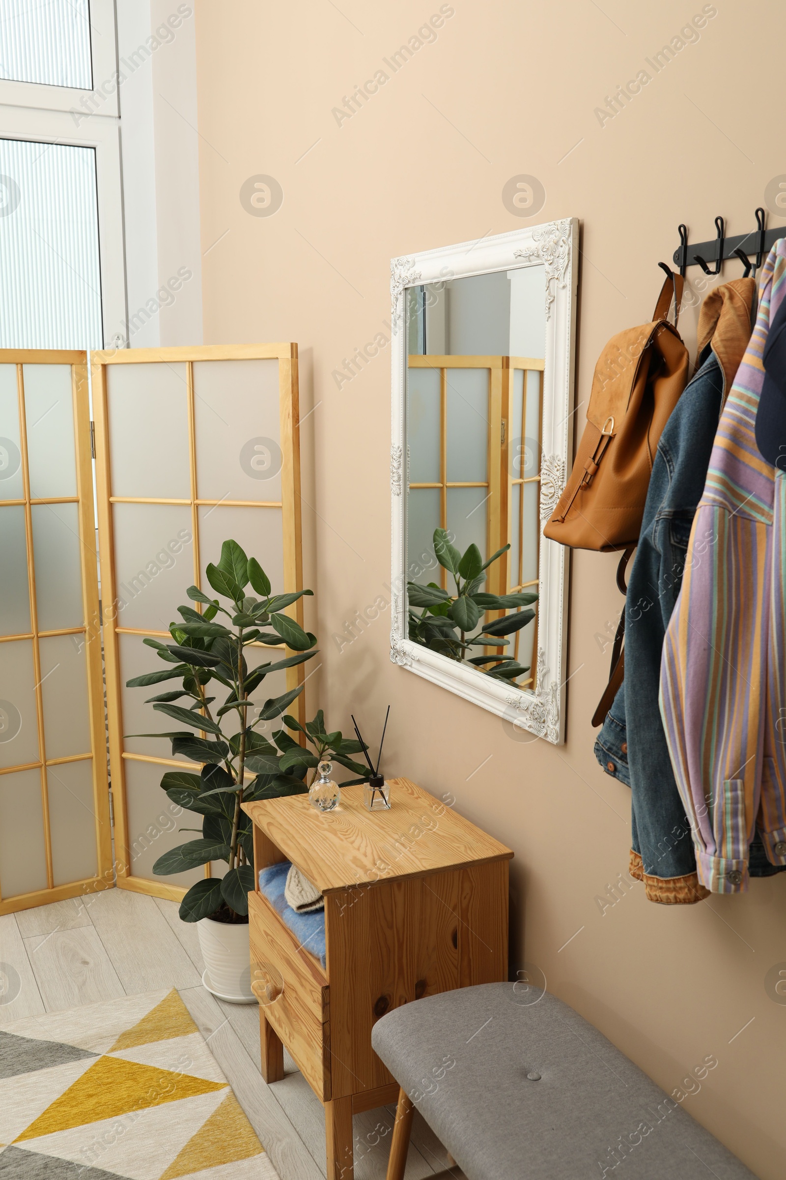 Photo of Coat rack with clothes, mirror, houseplant, shoe storage bench and folding screen in hallway. Interior design