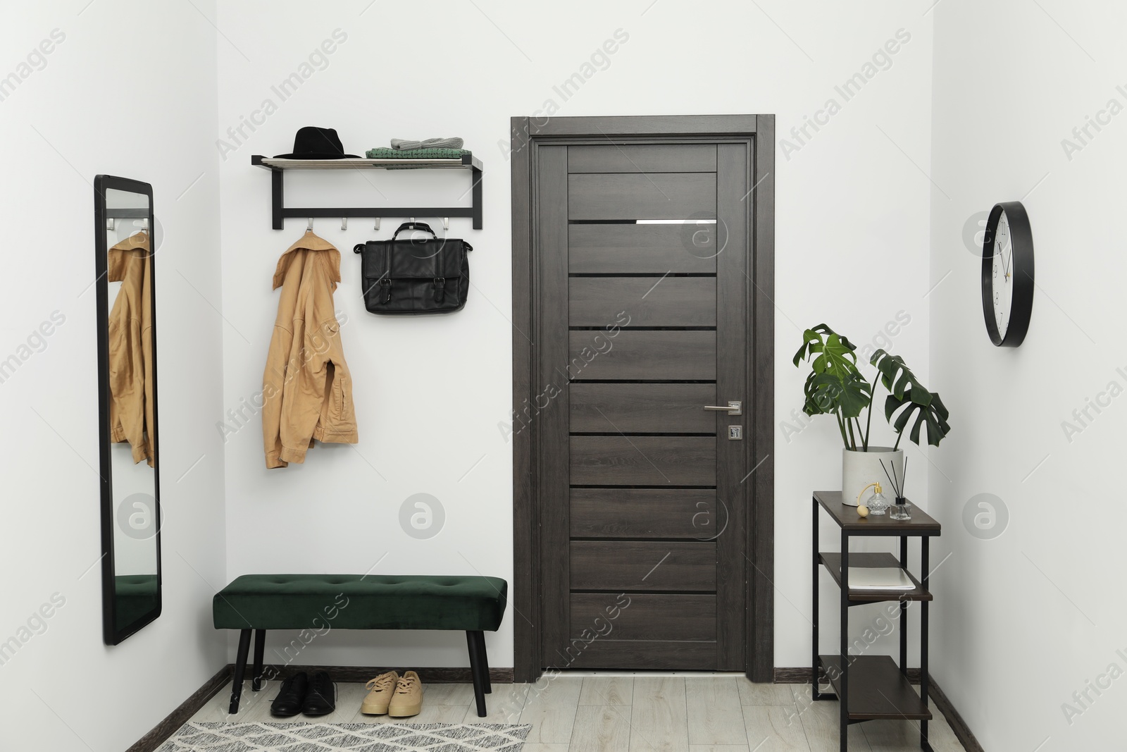 Photo of Mirror, houseplant and bench in stylish hallway