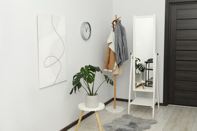 Photo of Clothing rack, mirror and houseplant in stylish hallway