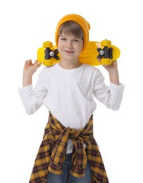 Photo of Little boy with skateboard on white background