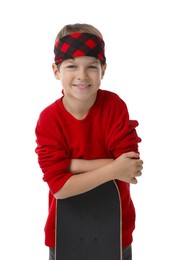 Photo of Little boy with skateboard on white background