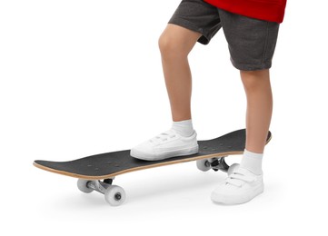 Photo of Little boy with skateboard on white background, closeup