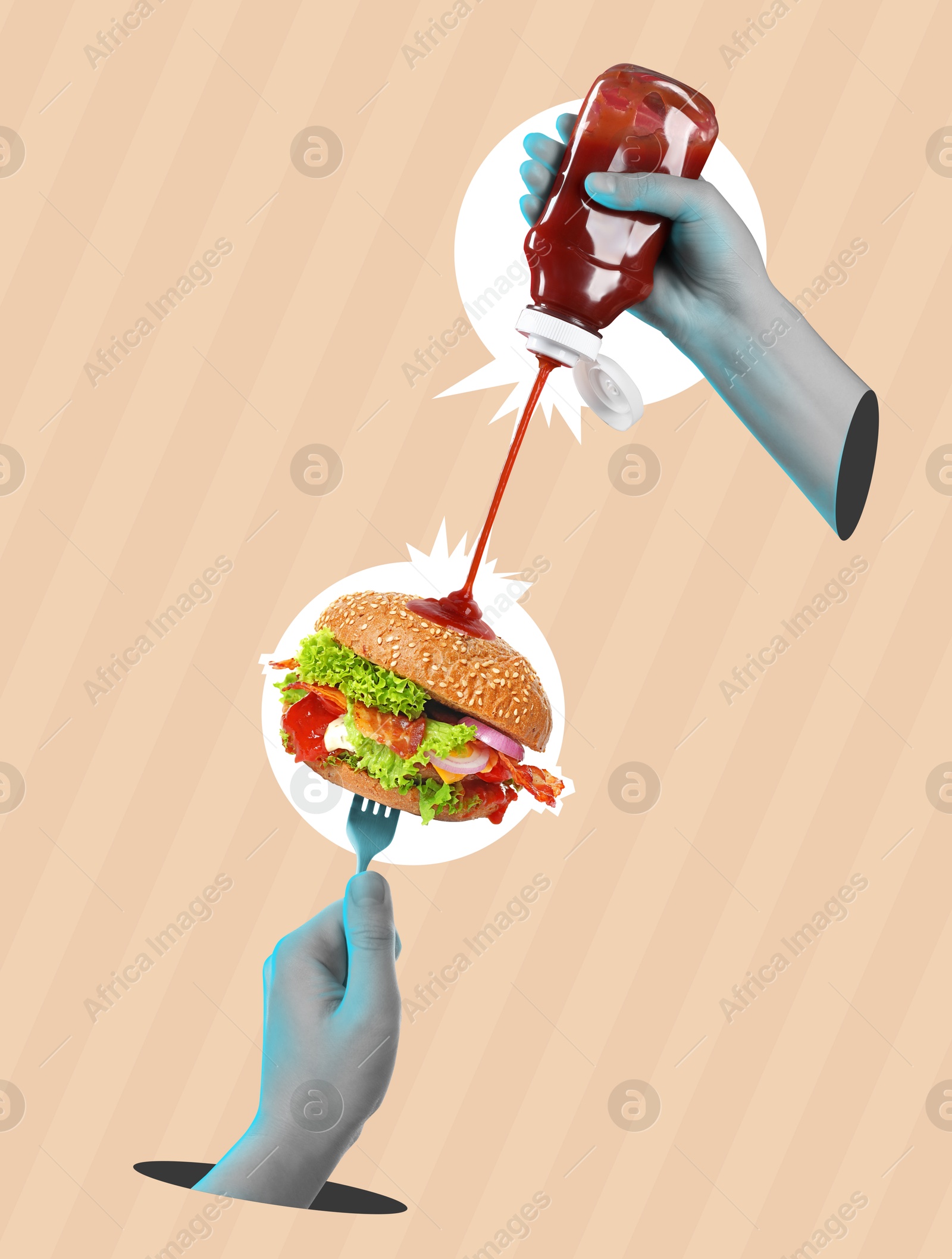 Image of Pouring ketchup on bun against beige striped background, creative collage. One human hand squeezing bottle of sauce and other holding burger on fork. Stylish poster