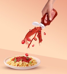 Image of Ketchup bursting out of bottle, creative collage. Woman adding sauce to pasta on peach color background. Stylish poster