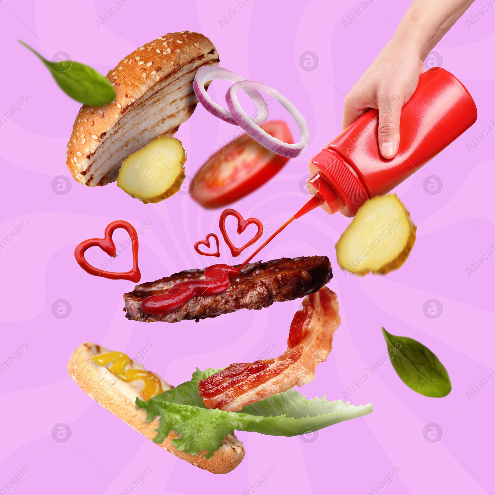 Image of Pouring ketchup on meat, creative collage. Burger ingredients in air on magenta color background. Woman squeezing bottle. Art poster