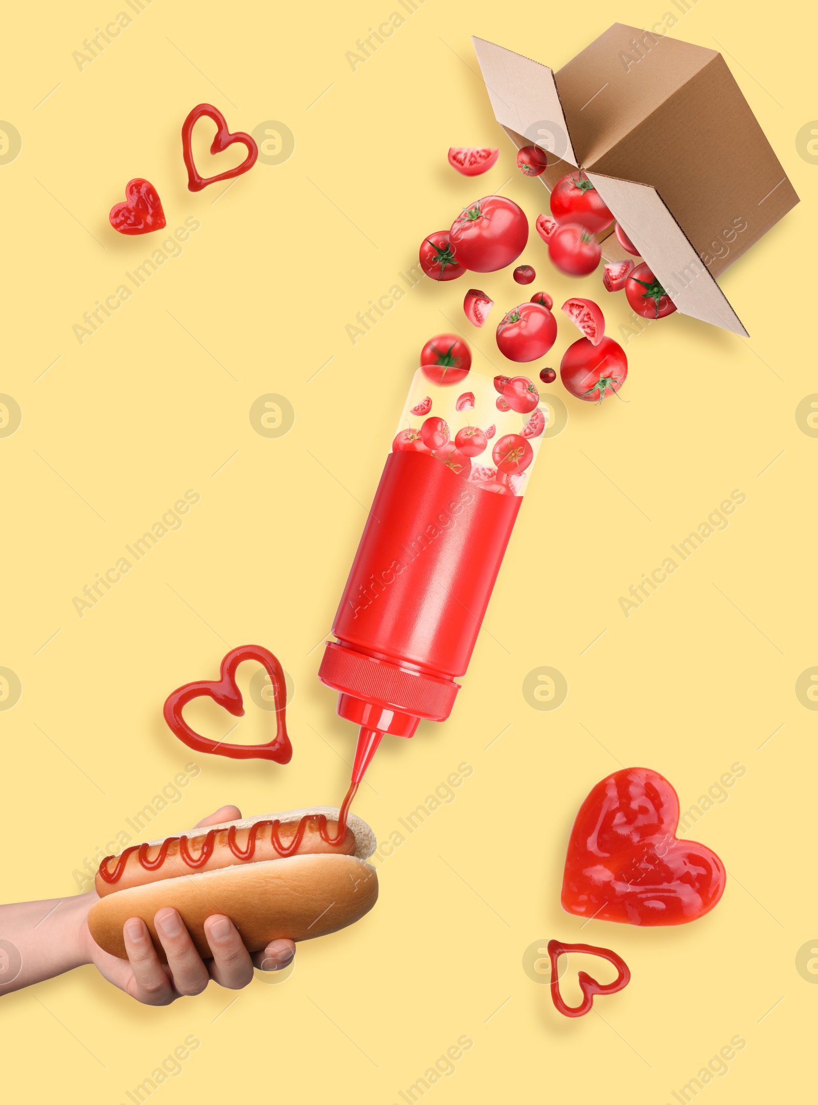 Image of Pouring ketchup on hot dog against yellow background, creative collage. Tomatoes falling from box filling bottle of sauce. Woman holding bun with sausage, closeup. Art poster