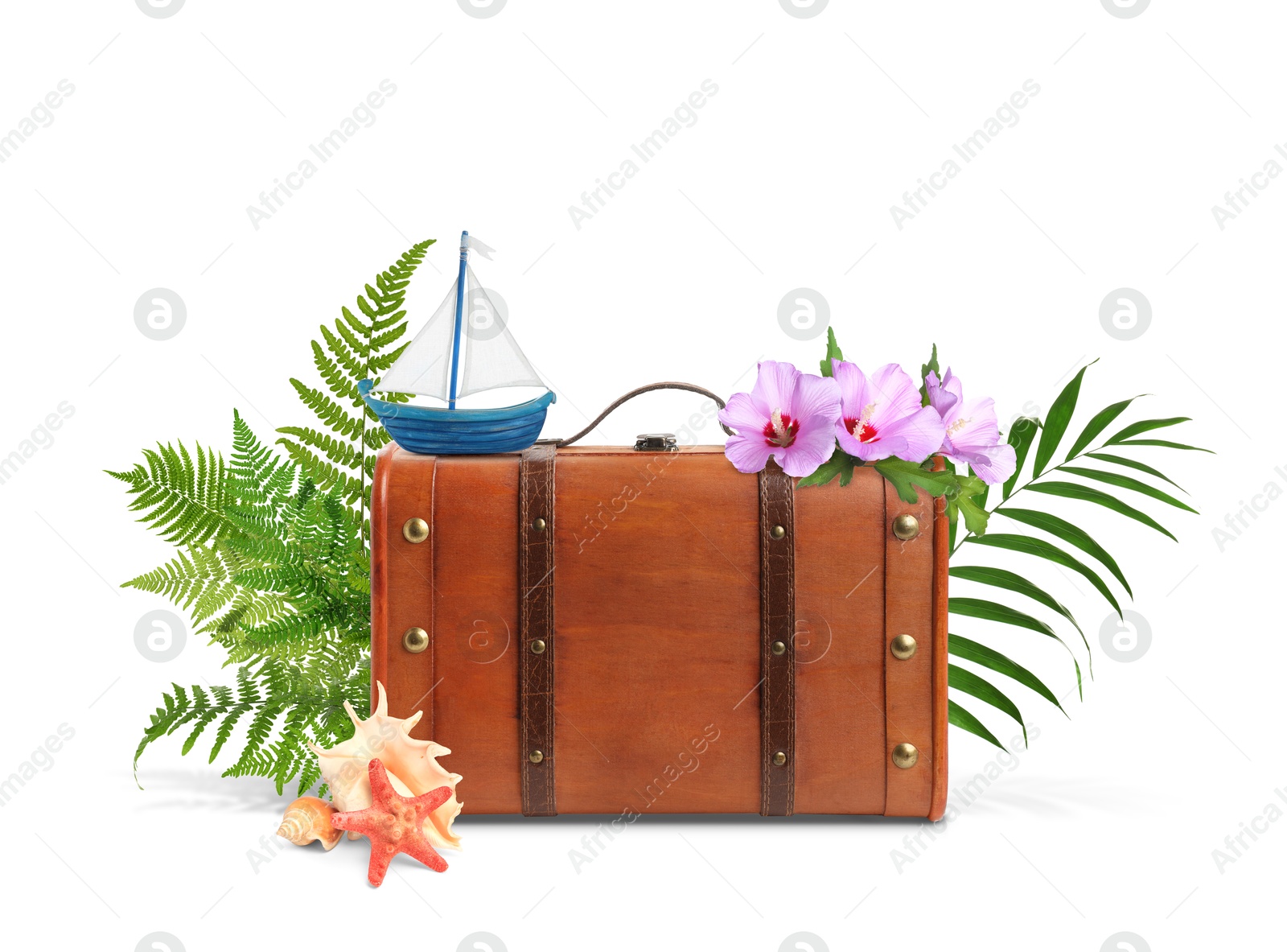 Image of Brown travel suitcase, toy sailboat, sea star, seashells, tropical leaves and flowers on white background