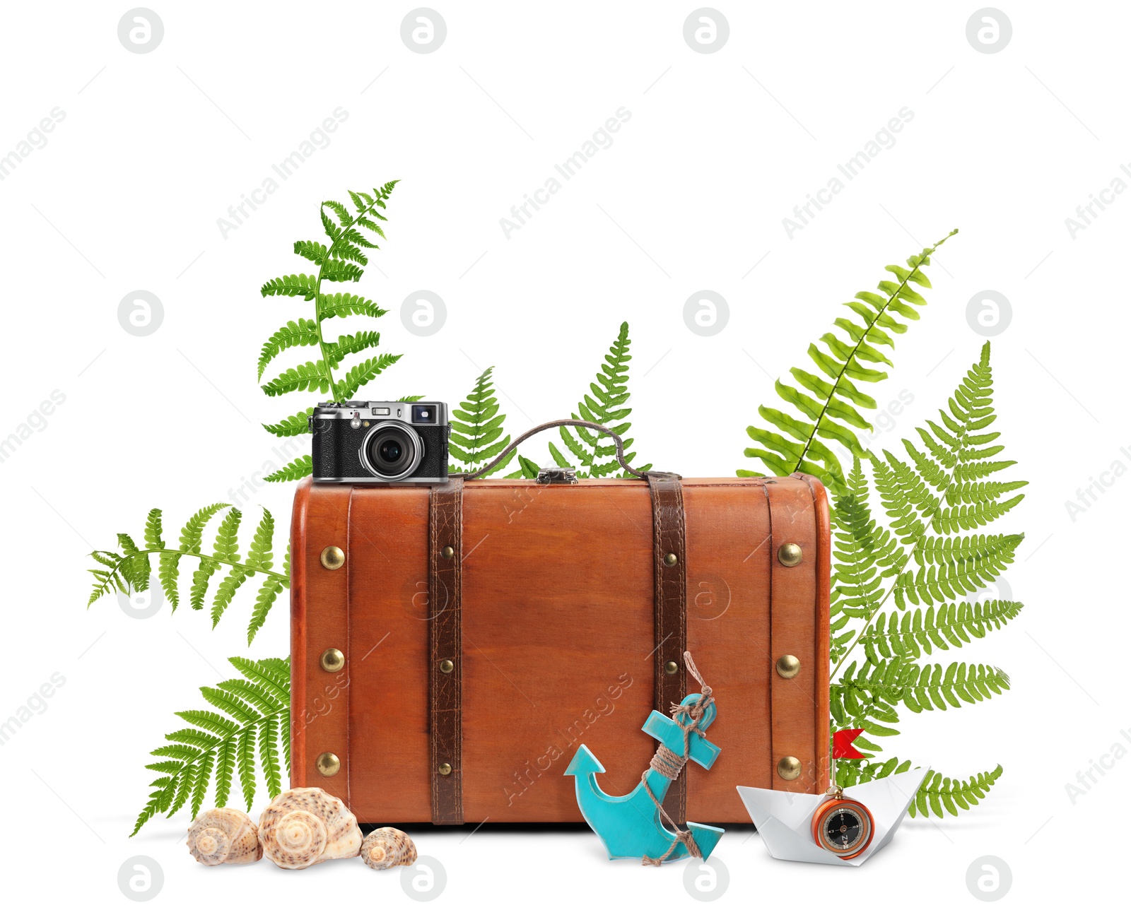 Image of Brown travel suitcase, tropical leaves, seashells, camera, paper boat and toy anchor on white background