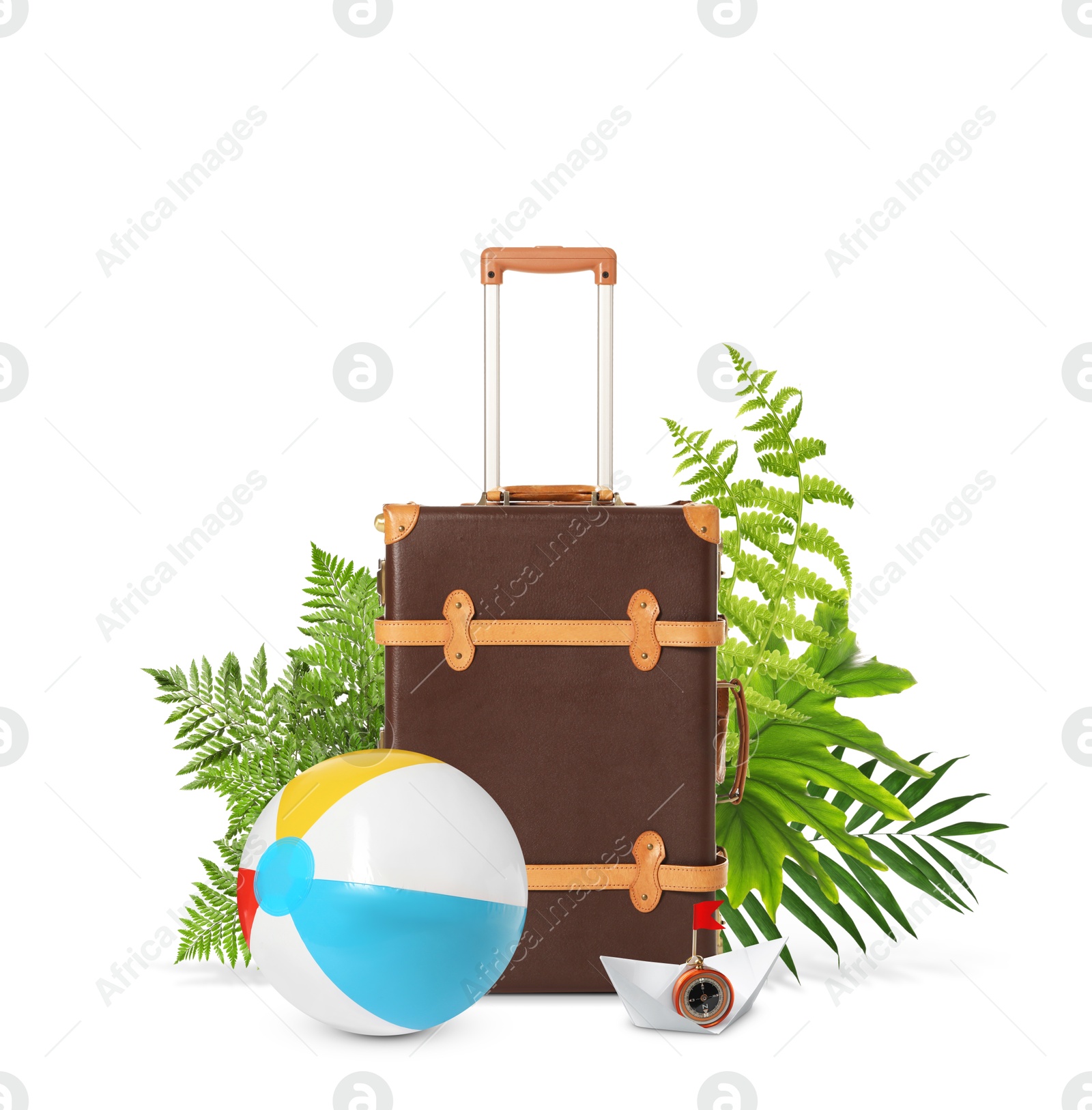 Image of Brown travel suitcase, tropical leaves, beach ball and paper boat with compass on white background