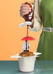 Image of Woman pouring ketchup over man with umbrella, who standing in paper box with noodles, creative collage