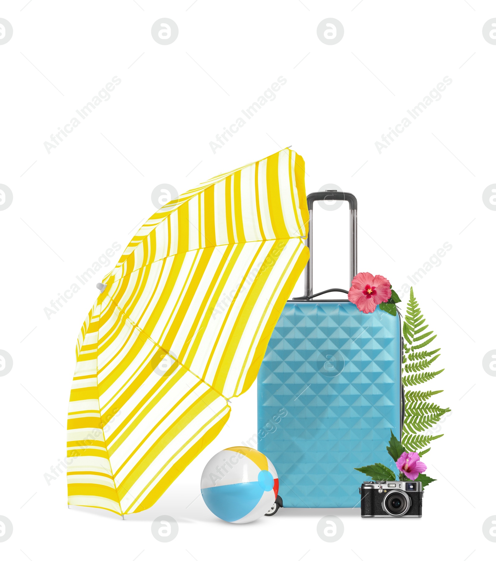 Image of Light blue travel suitcase, beach umbrella and ball, camera, tropical leaves and flowers on white background