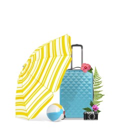 Light blue travel suitcase, beach umbrella and ball, camera, tropical leaves and flowers on white background