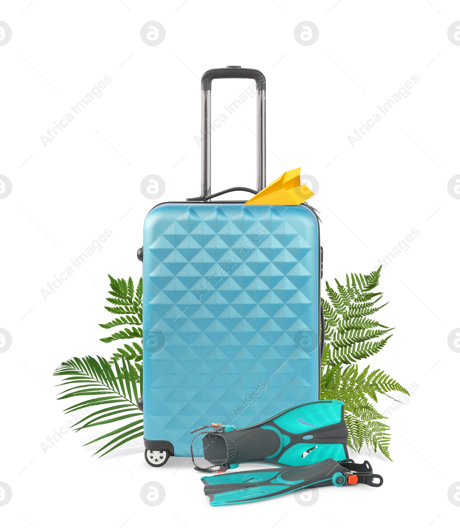 Image of Light blue travel suitcase, tropical leaves, paper plane and swim fins on white background