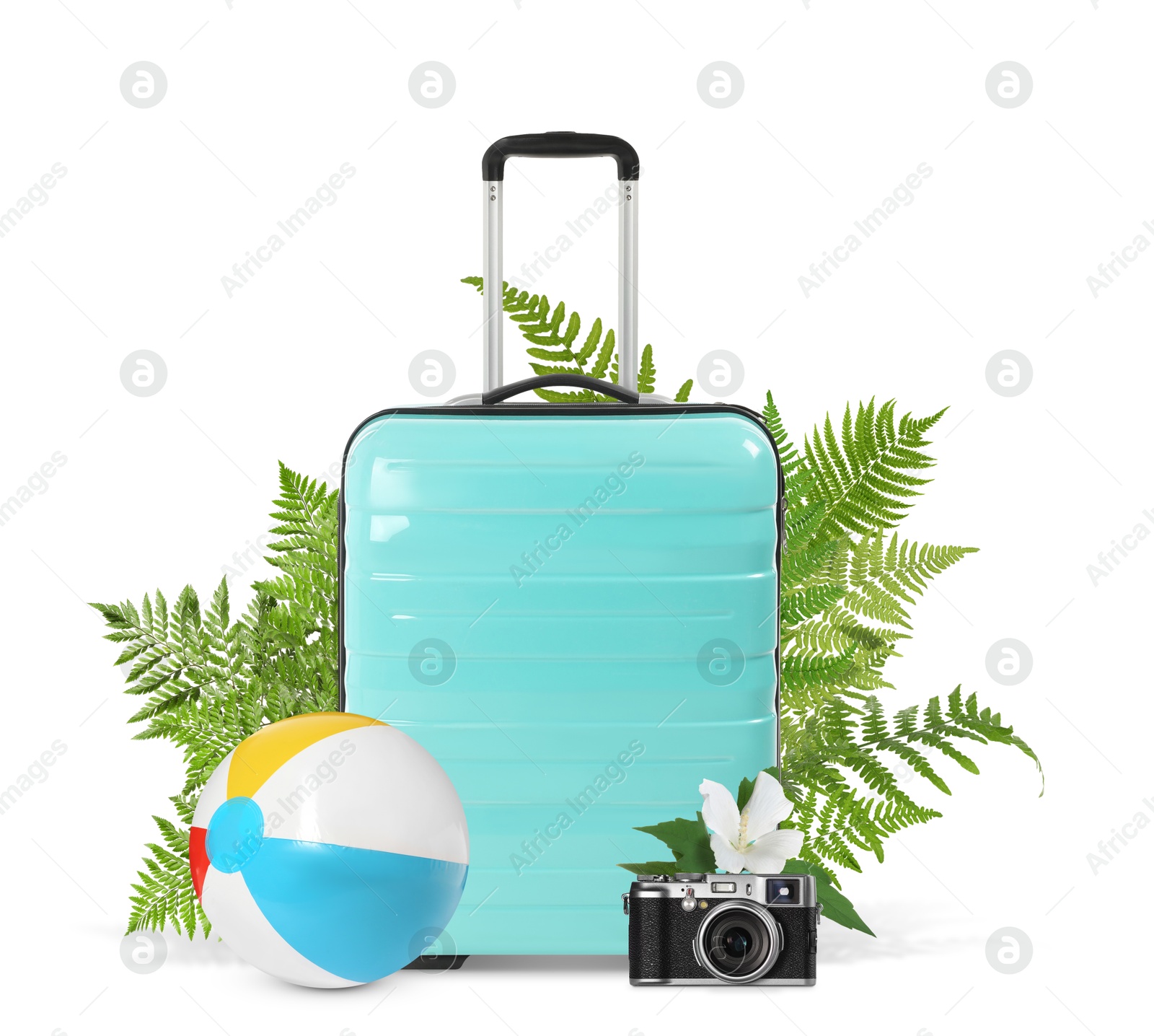 Image of Turquoise travel suitcase, camera, beach ball, tropical leaves and flower on white background