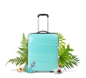 Image of Turquoise travel suitcase, tropical leaves, toy anchor, paper boat and seashell on white background