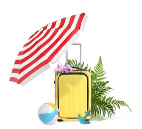 Image of Yellow travel suitcase, beach umbrella and ball, toy anchor, tropical leaves and flowers on white background