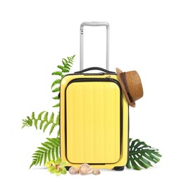 Image of Yellow travel suitcase, hat, seashells, tropical leaves and flowers on white background