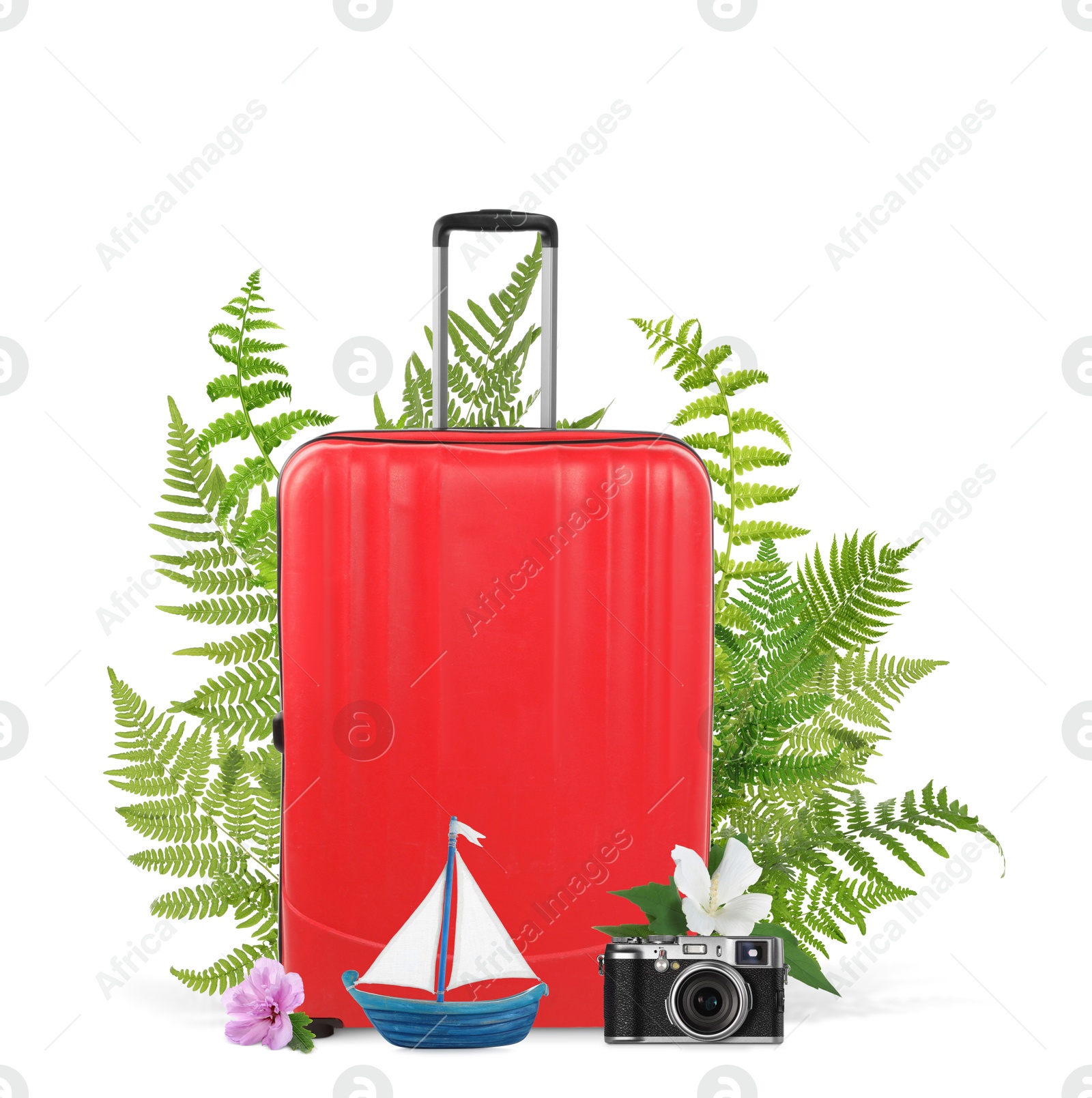 Image of Red travel suitcase, camera, toy sailboat, tropical leaves and flowers on white background