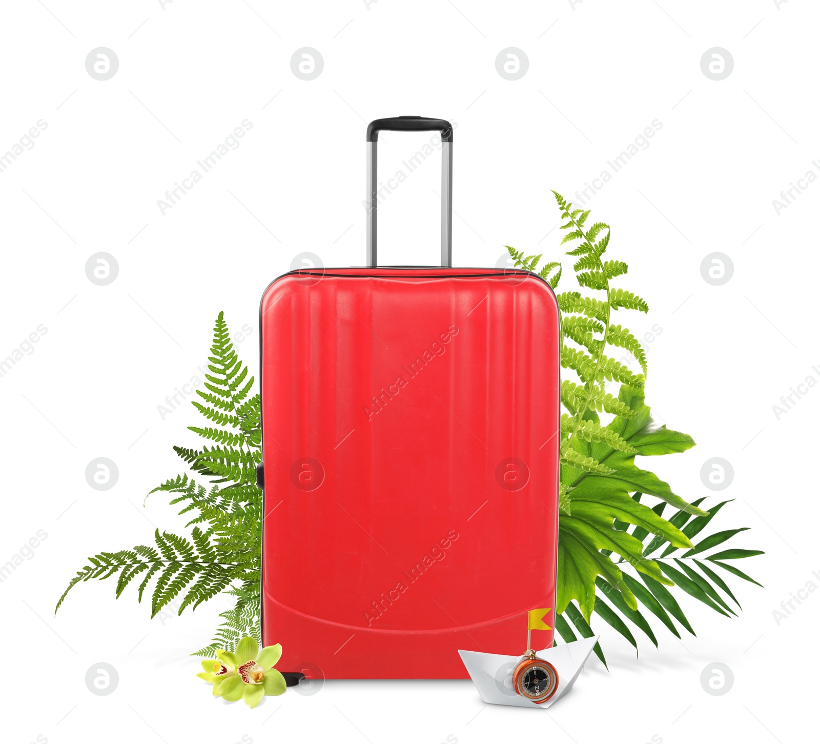 Image of Red travel suitcase, paper boat, tropical leaves and flowers on white background