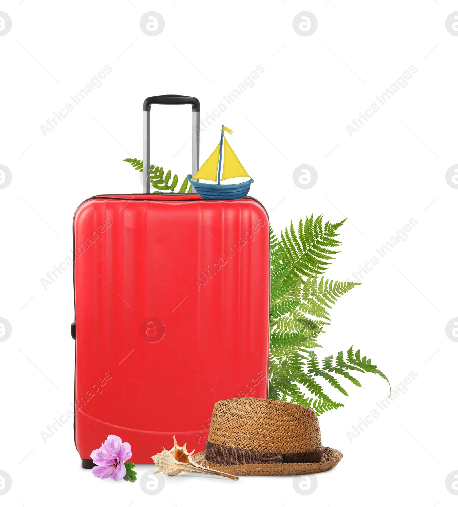 Image of Red travel suitcase, toy sailboat, hat, seashell, tropical leaves and flower on white background