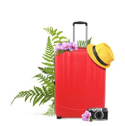 Image of Red travel suitcase, camera, hat, tropical leaves and flowers on white background