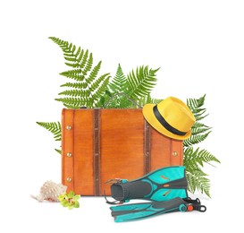 Image of Brown travel suitcase, hat, swim fins, seashell, tropical leaves and flower on white background