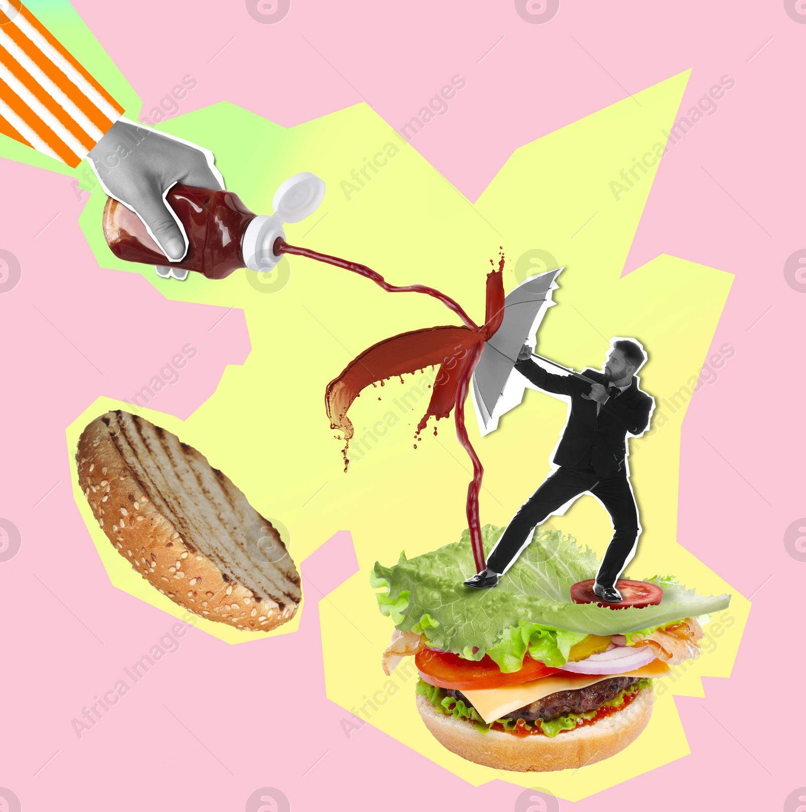 Image of Hand pouring ketchup from bottle on color background, creative collage. Man on burger protecting himself with umbrella from sauce. Stylish poster