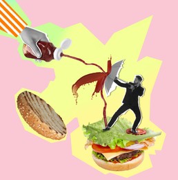 Image of Hand pouring ketchup from bottle on color background, creative collage. Man on burger protecting himself with umbrella from sauce. Stylish poster