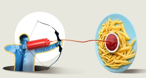 Image of Man shooting ketchup with archery bow aiming plate of french fries, creative collage. Banner design