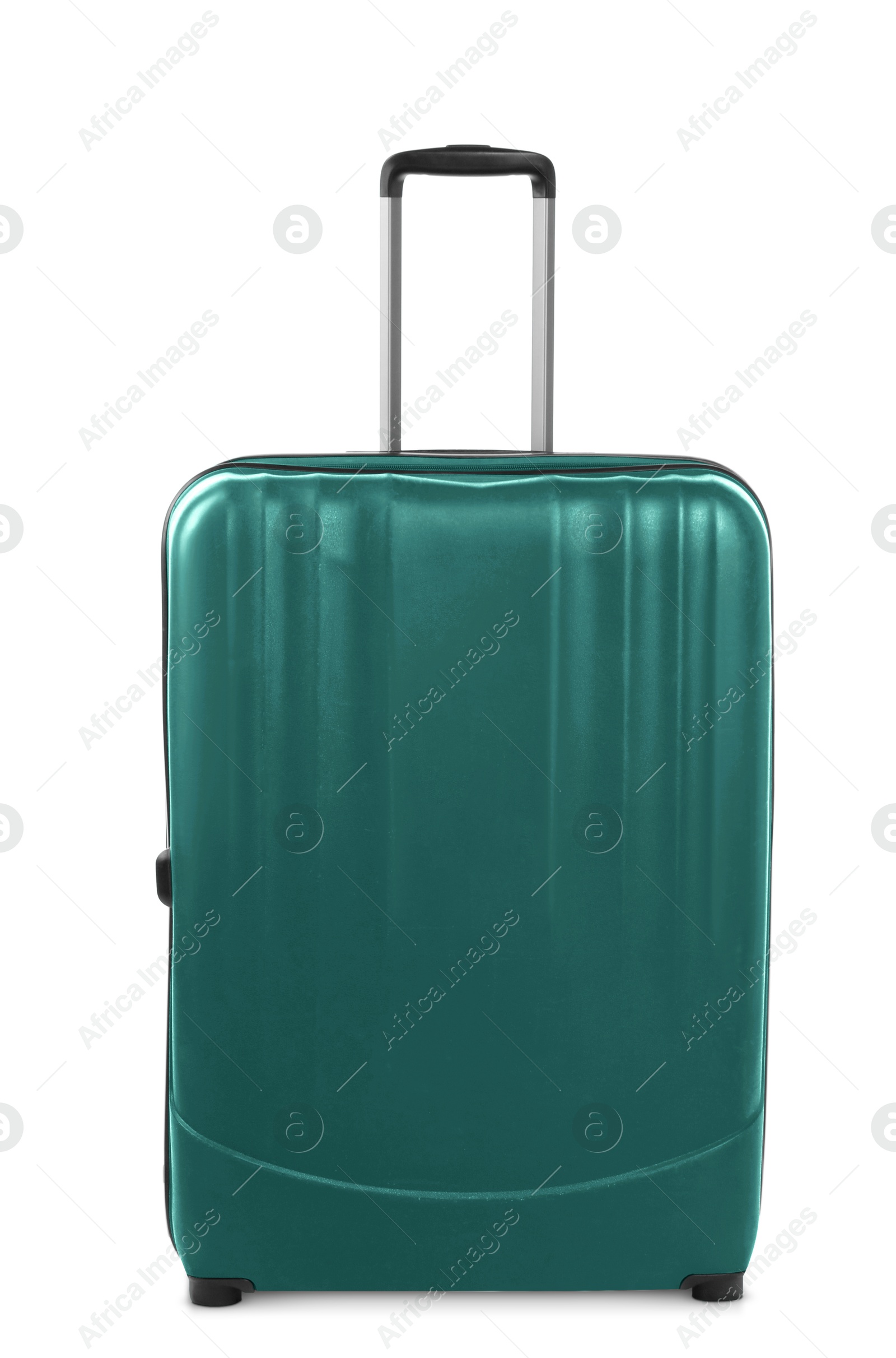 Image of One teal travel suitcase isolated on white