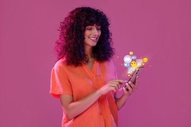 Image of Happy woman using mobile phone on dark pink background. New message sign and other notifications over gadget