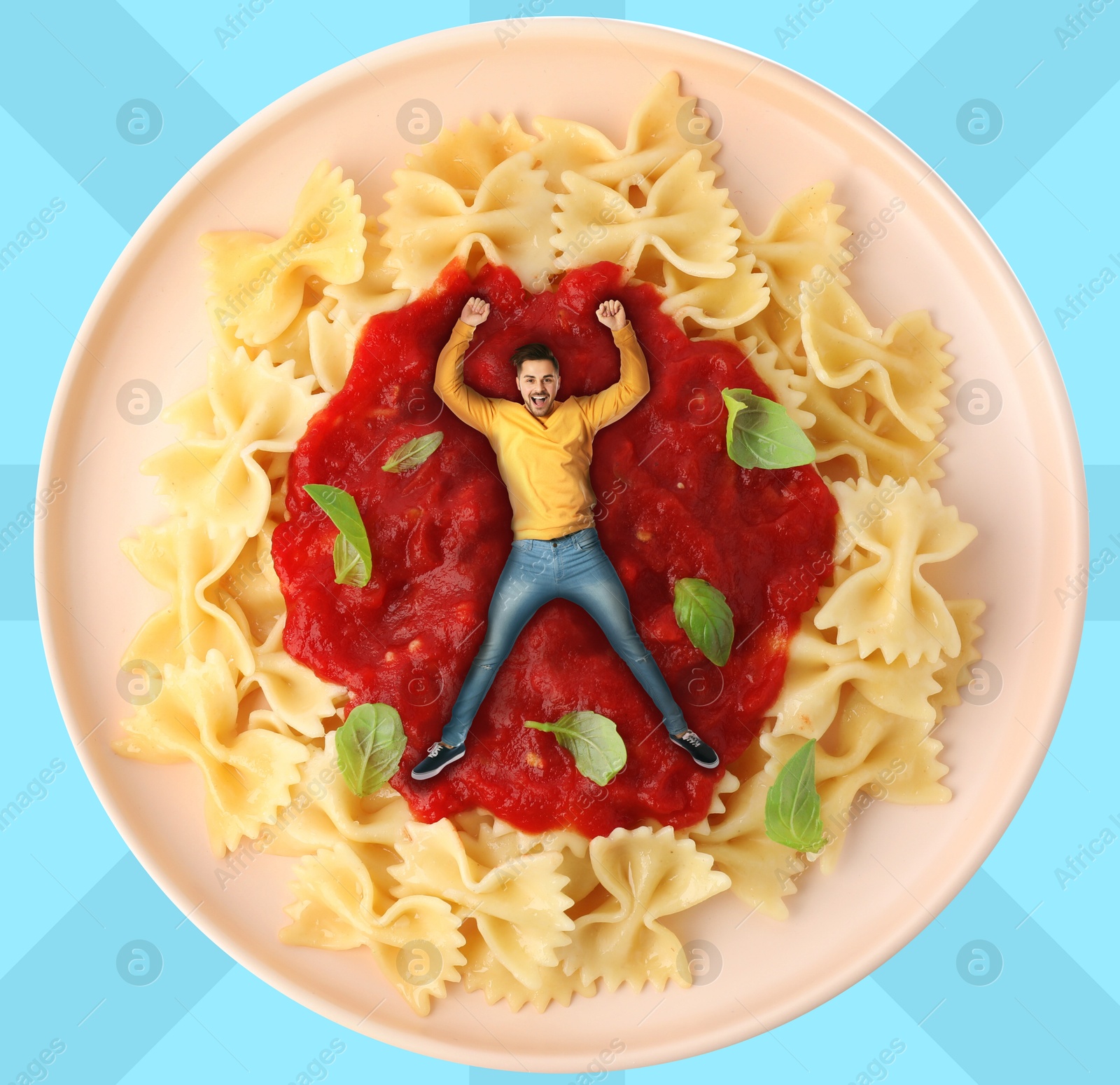 Image of Creative poster with ketchup on light blue striped background. Man lying in sauce on plate with pasta. Art collage