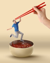 Image of Creative collage with ketchup on beige background. Happy man hanging on chopstick over bowl with sauce. Stylish poster