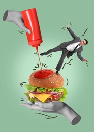 Image of Ketchup pouring on bun making businessman fall, creative collage. One human hand squeezing bottle of sauce and other holding burger on green background. Stylish poster