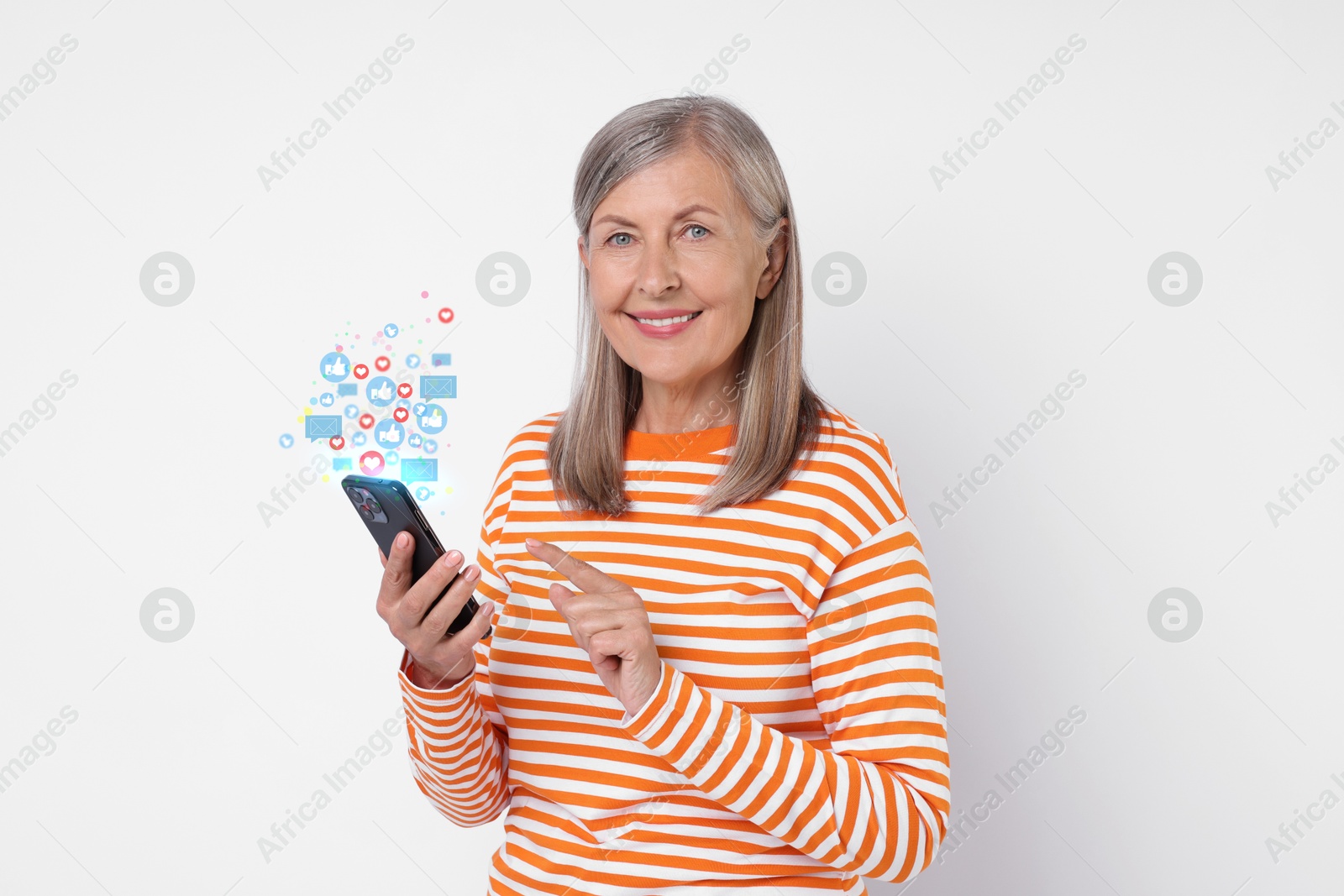 Image of Happy woman using mobile phone on white background. New message sign and other notifications over gadget