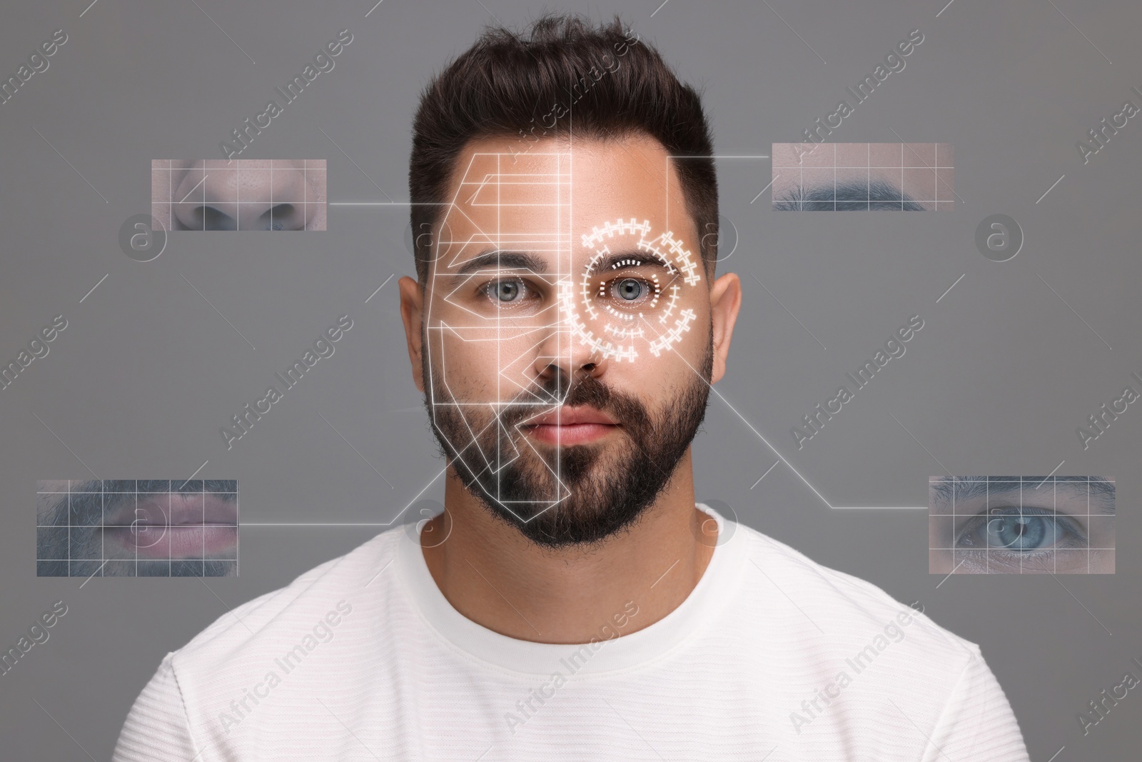 Image of Facial and iris recognition system. Man undergoing biometric verification on grey background