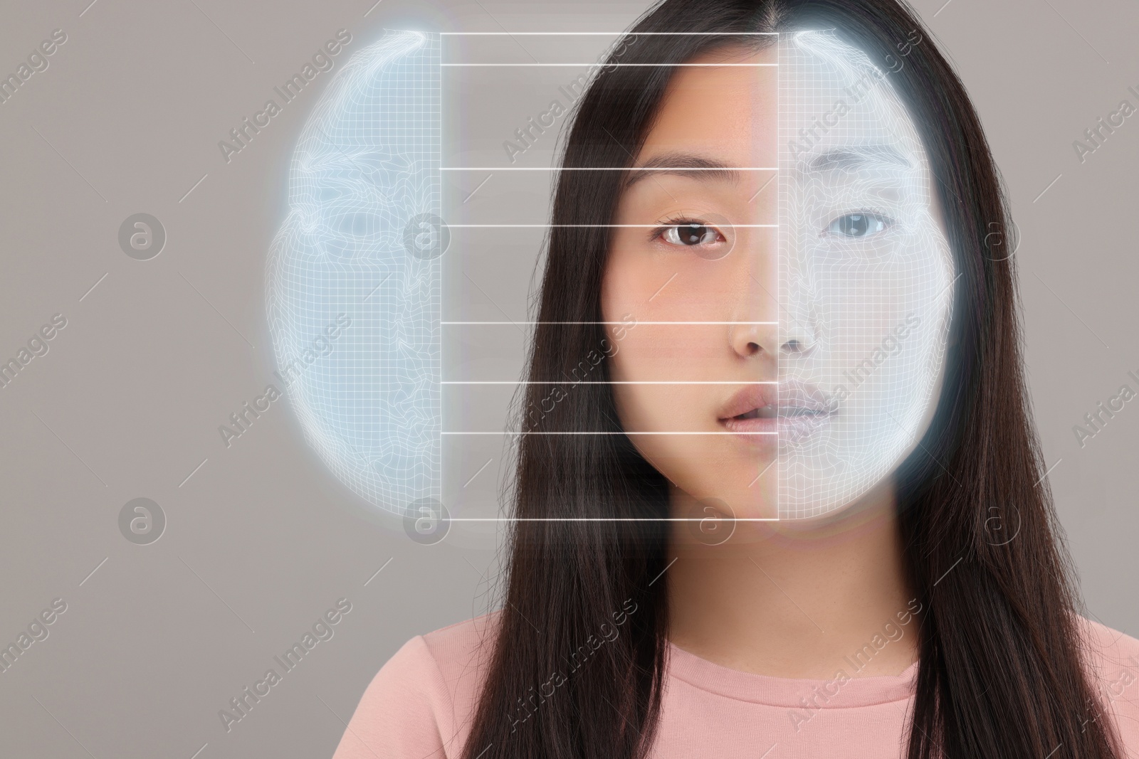 Image of Facial recognition system. Woman undergoing biometric verification on grey background