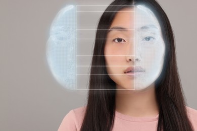 Image of Facial recognition system. Woman undergoing biometric verification on grey background