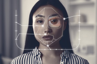 Image of Facial and iris recognition system. Woman undergoing biometric verification at home