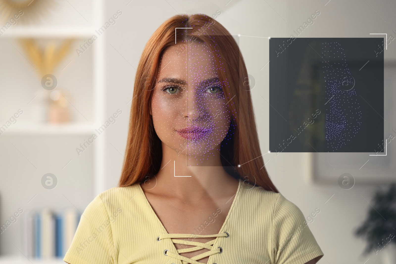 Image of Facial recognition system. Woman undergoing biometric verification at home