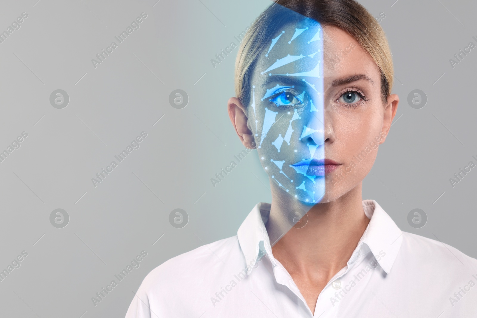 Image of Facial recognition system. Woman undergoing biometric verification on grey background