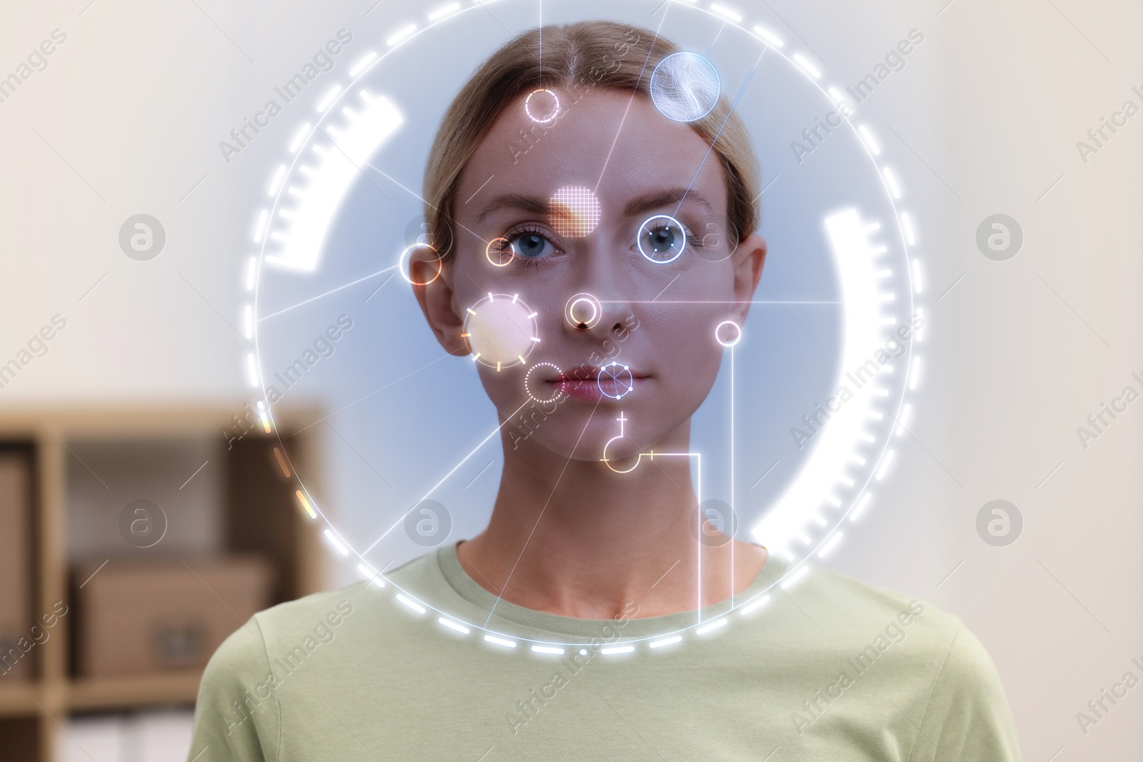 Image of Facial and iris recognition system. Woman undergoing biometric verification at home