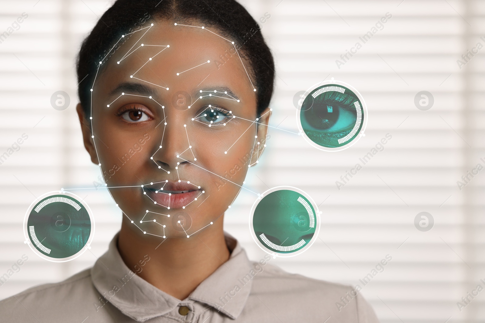 Image of Facial and iris recognition system. Woman undergoing biometric verification indoors