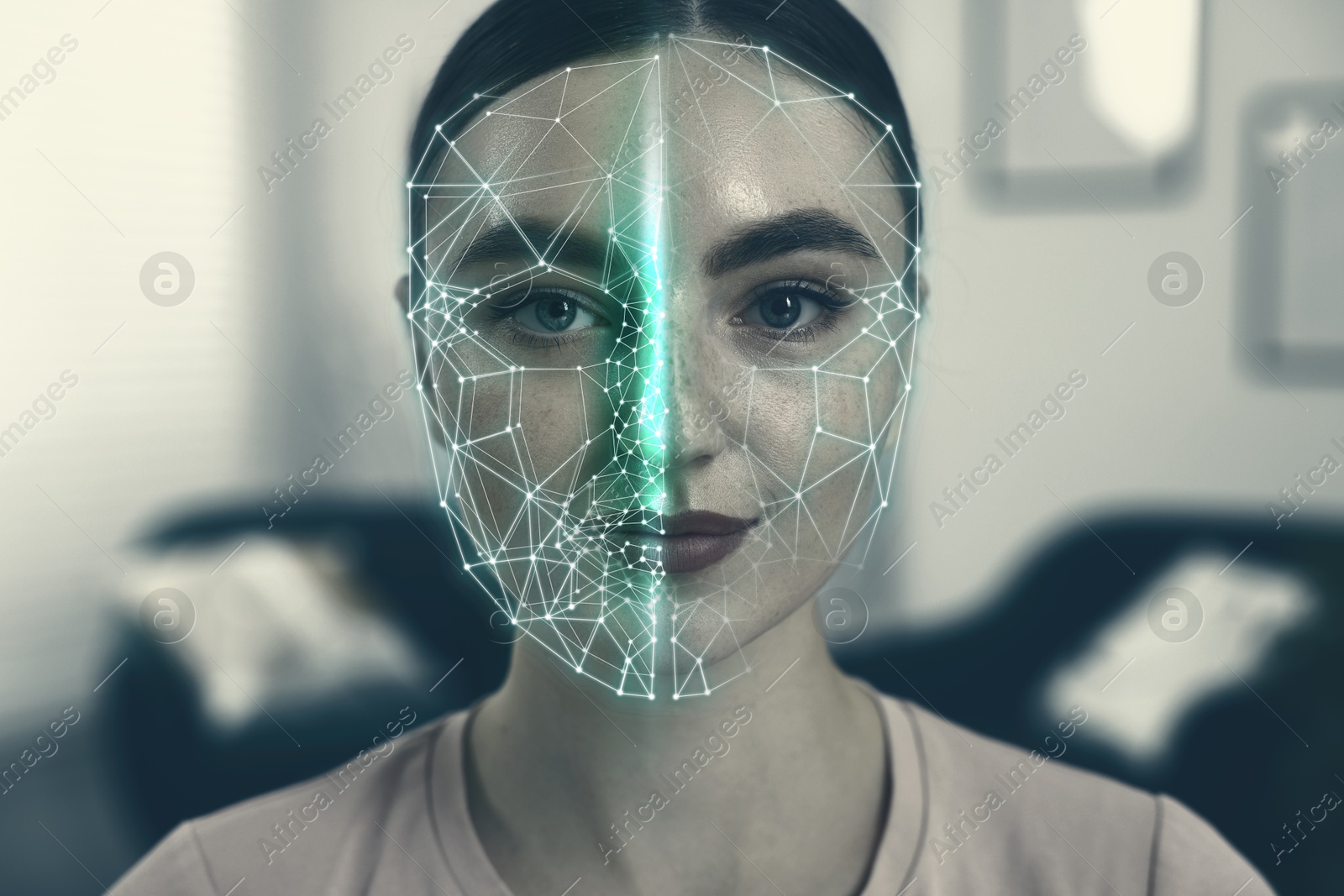 Image of Facial recognition system. Woman undergoing biometric verification at home