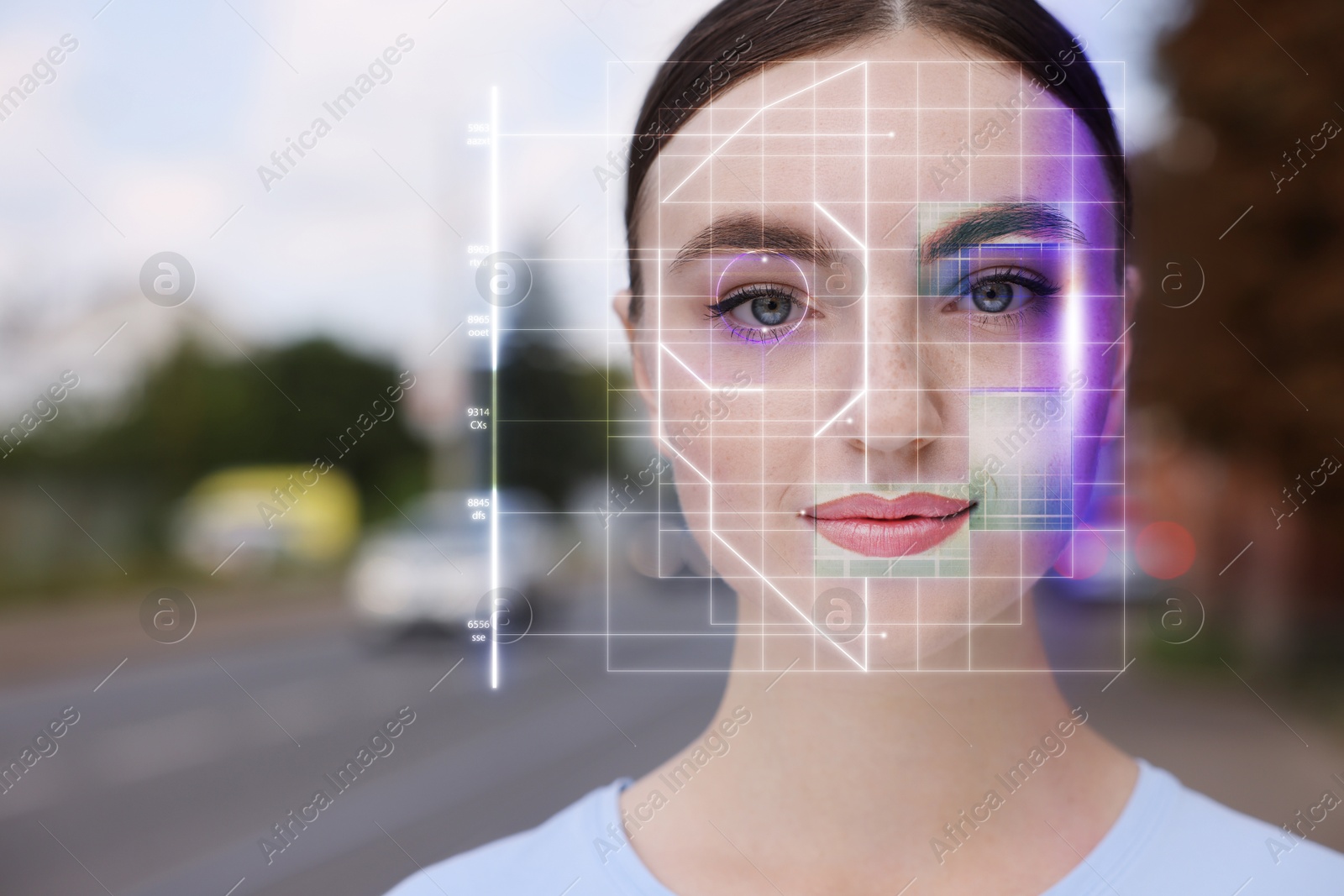 Image of Facial and iris recognition system. Woman undergoing biometric verification outdoors