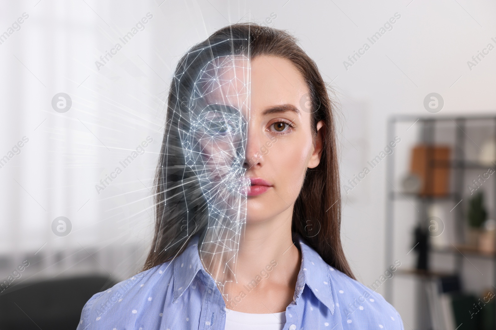 Image of Facial recognition system. Woman undergoing biometric verification at home