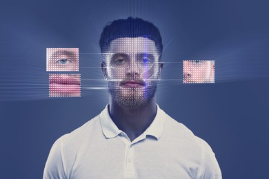 Facial and iris recognition system. Man undergoing biometric verification on blue background