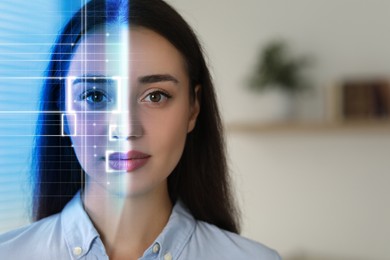 Image of Facial recognition system. Woman undergoing biometric verification at home